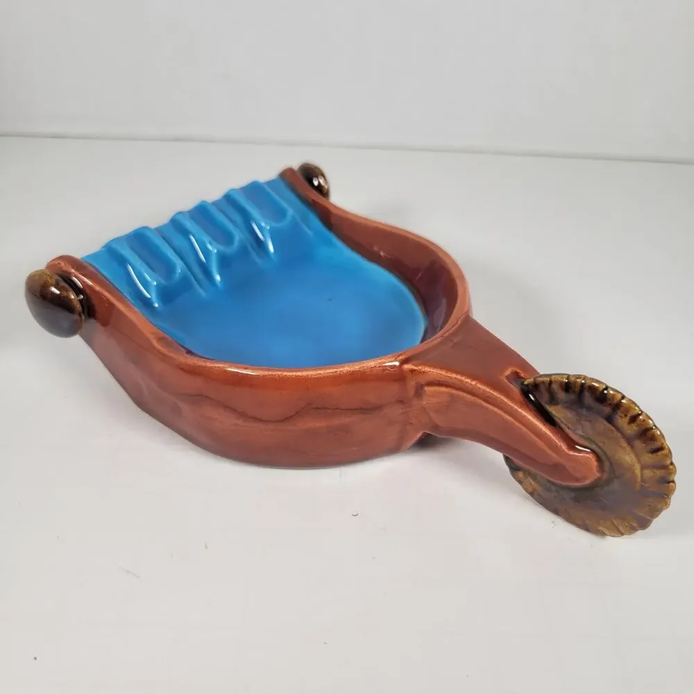 Spur Ashtray with Handle, Mid-Century Modern Farmhouse Vintage Blue and Brown